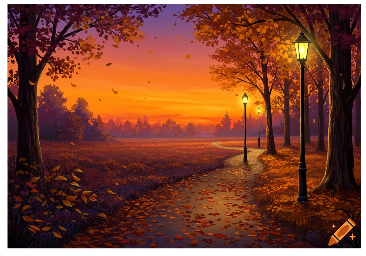 Stylized autumn evening landscape with a path covered in fallen leaves, glowing streetlights, and a vibrant orange and purple sunset sky.