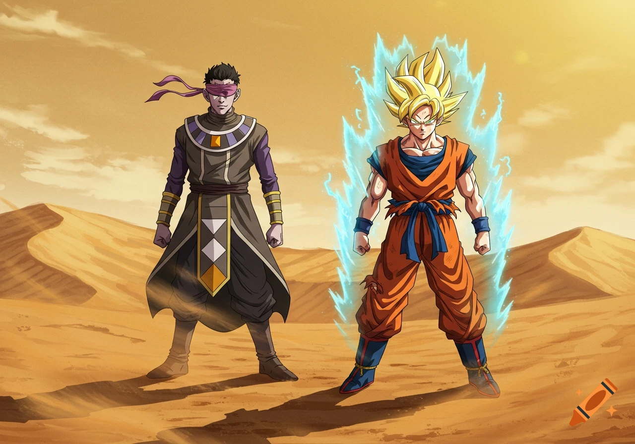 Goku in Super Saiyan form stands with a blindfolded, robed figure in a desert landscape in anime style.