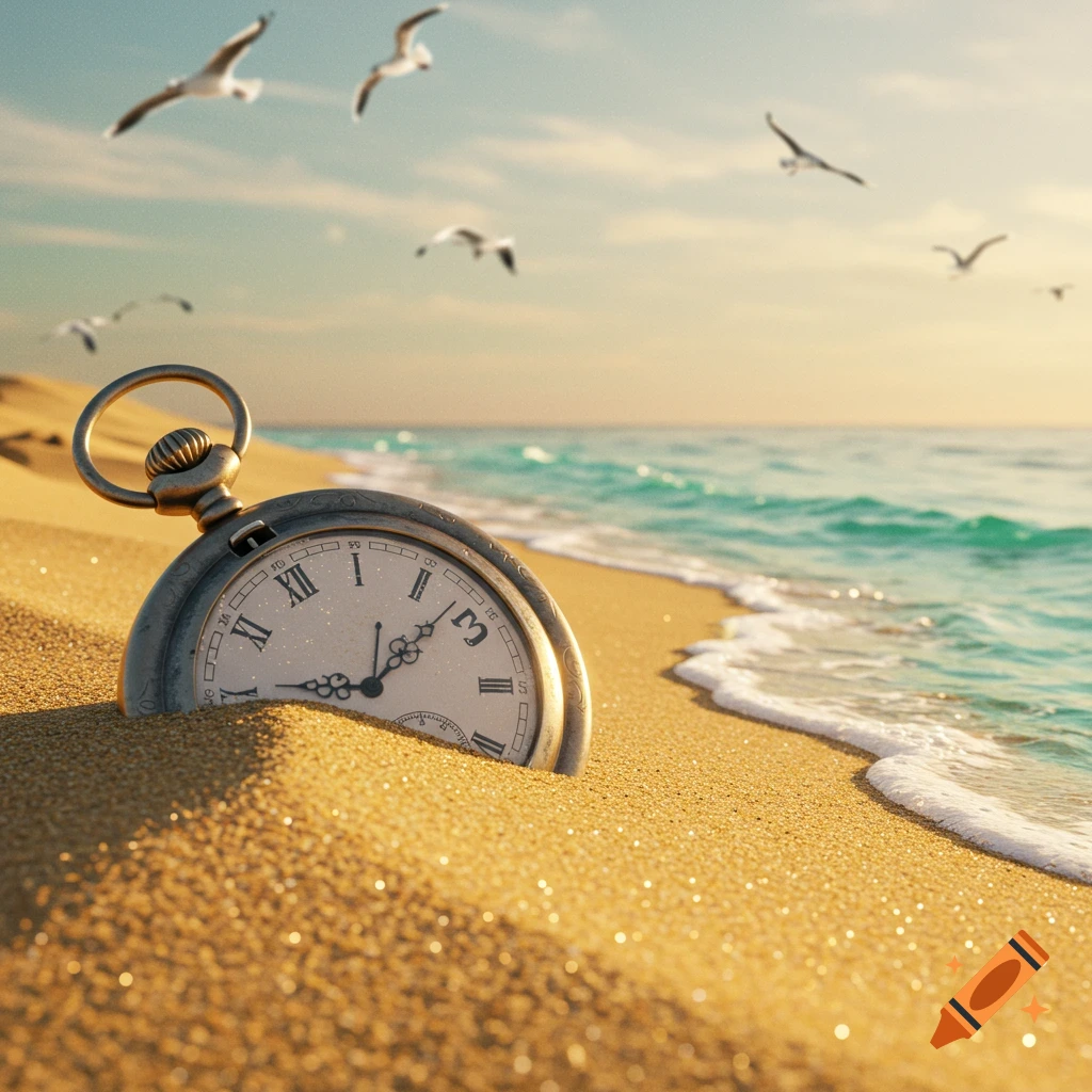 A vintage silver pocket watch is partially buried in golden sand on a sunlit beach with gentle waves and seagulls flying overhead.