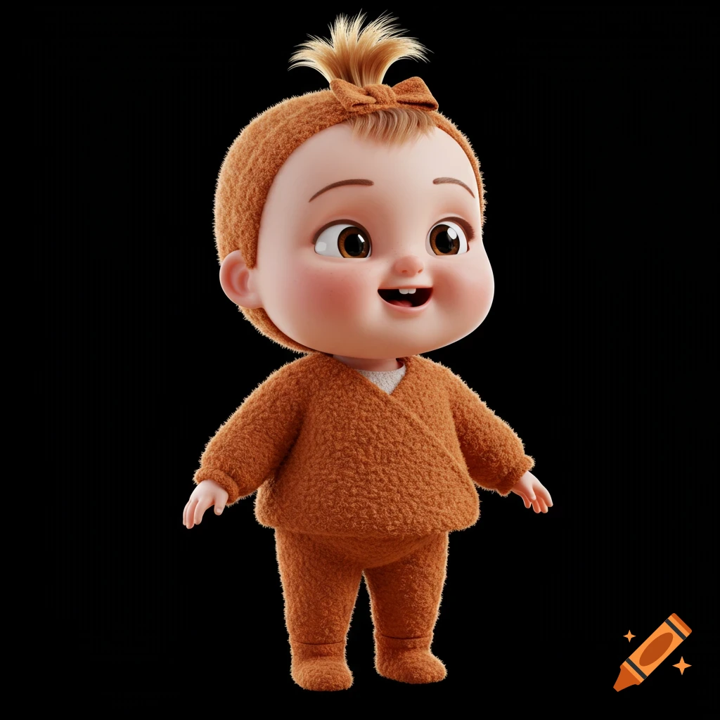A cute 3D animated baby girl with a top knot and a fuzzy orange outfit, smiling happily on a black background.