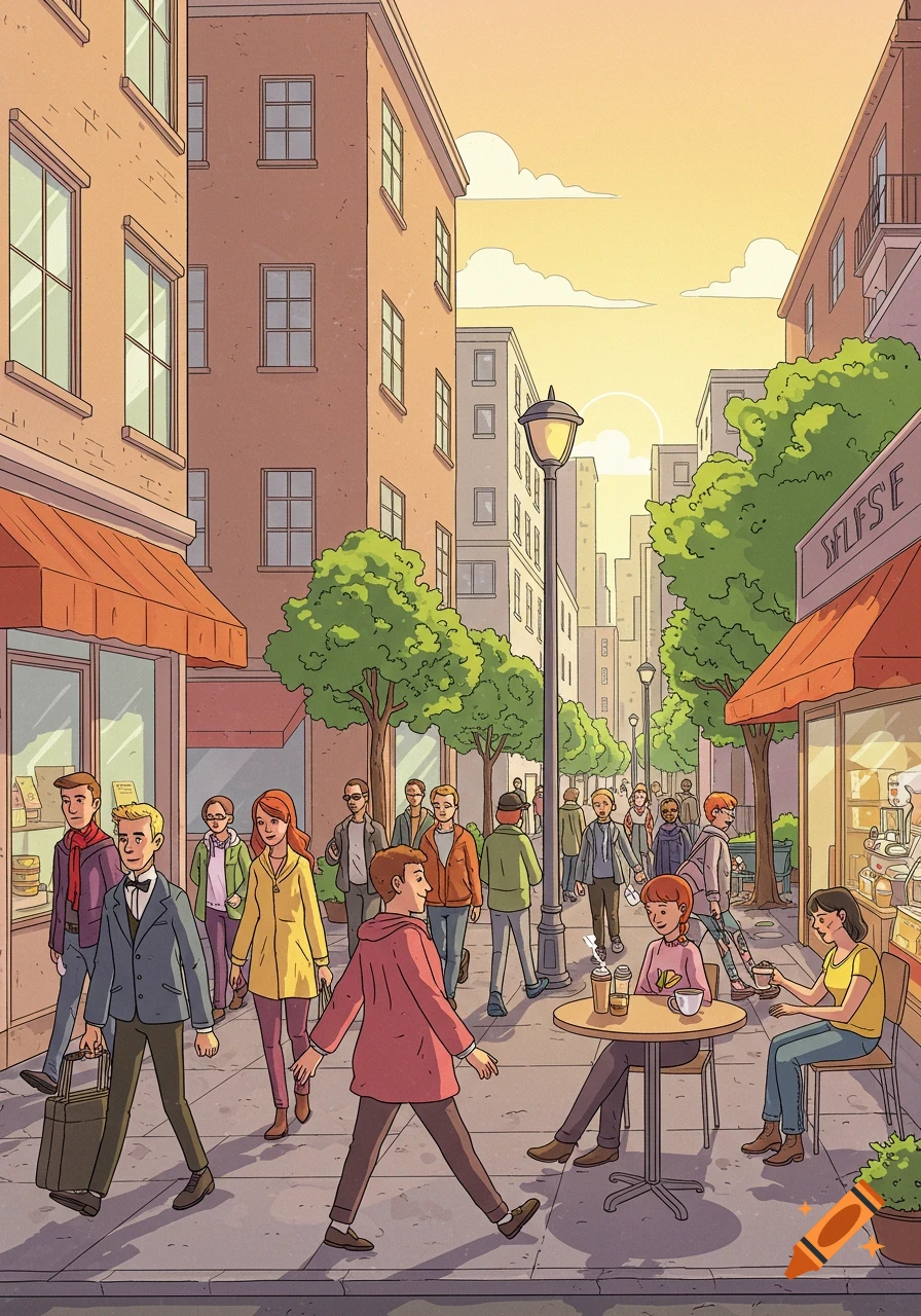 A 2D art illustration of a bustling city street with people walking, shopping, and sitting at an outdoor cafe.