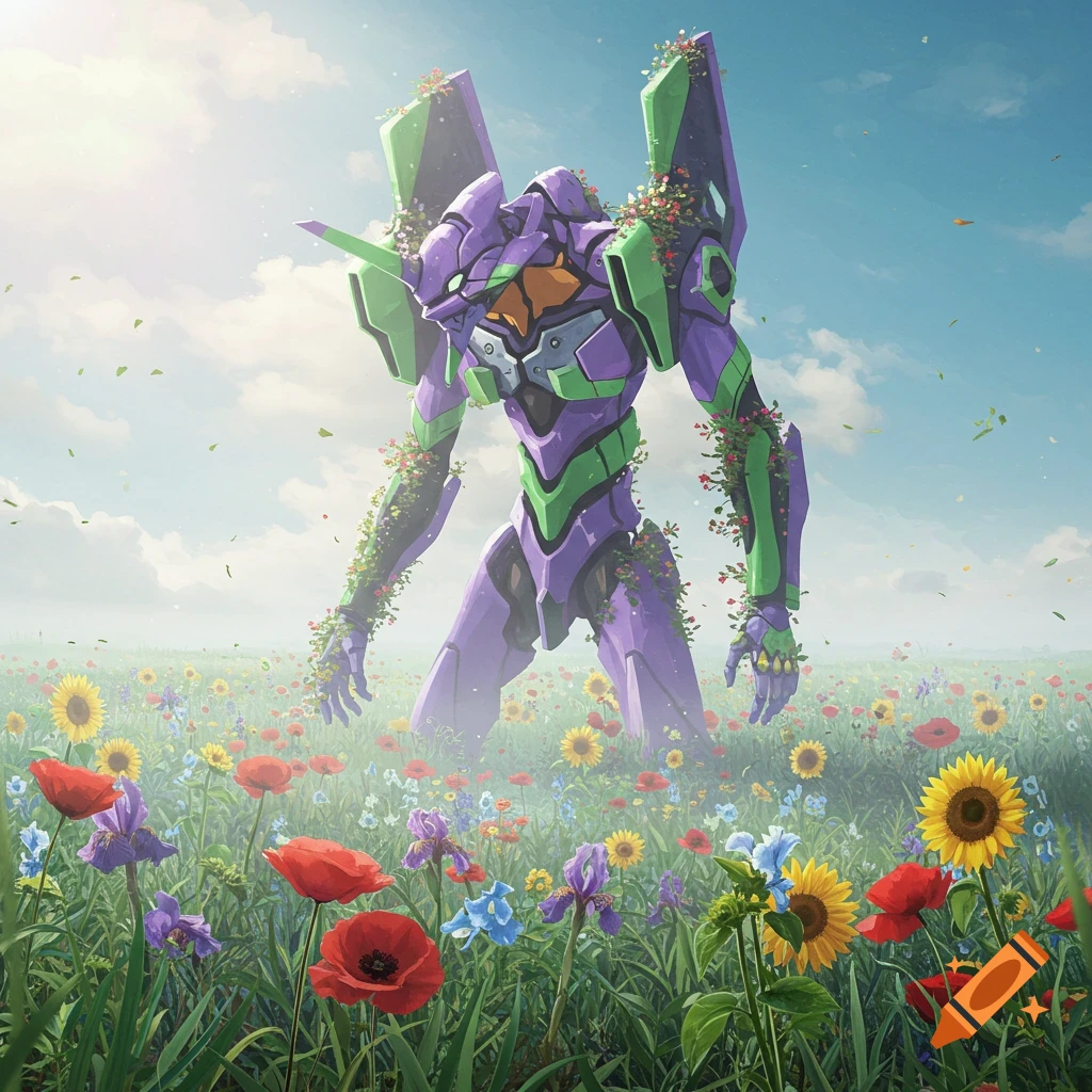 A giant purple and green mech covered in flowers stands in a vibrant field of wildflowers under a bright sky, in an illustrative style.