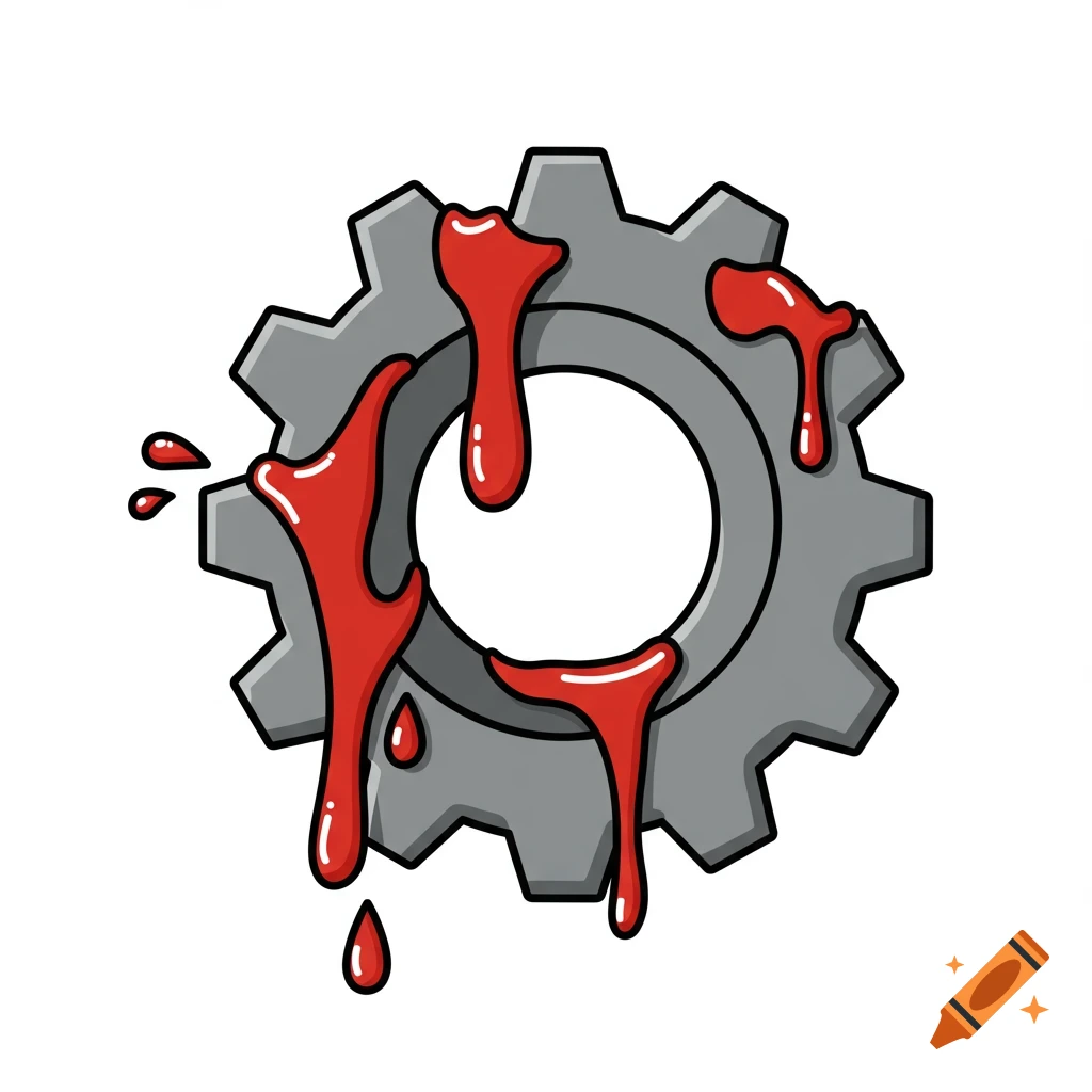 Clip art illustration of a grey gear with bright red liquid dripping from its teeth and center.
