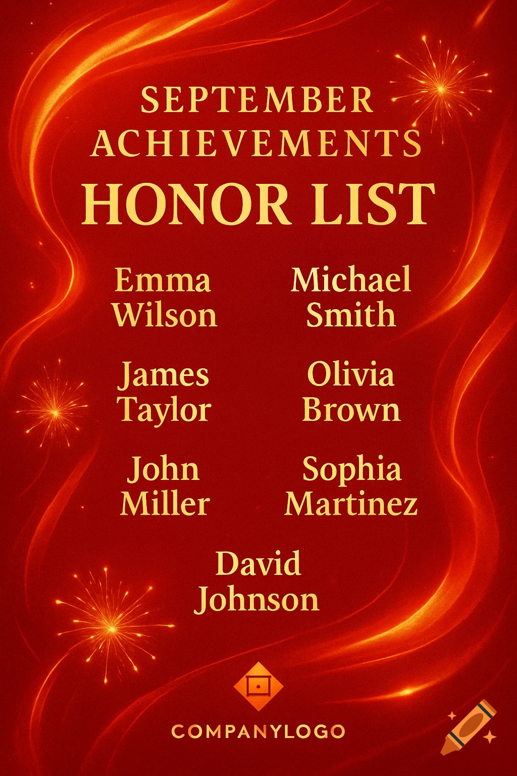 Red and gold award poster titled 'September Achievements Honor List' with employee names and abstract fiery background.