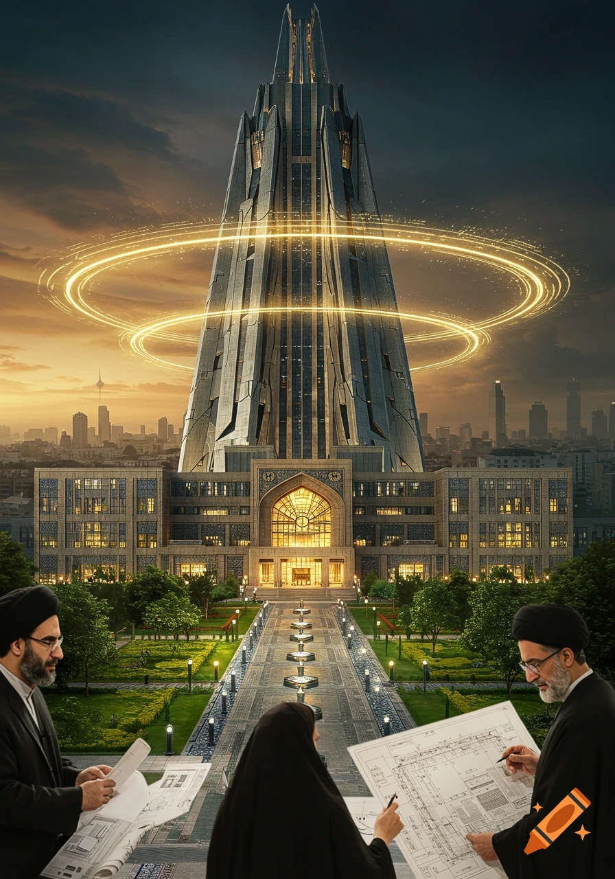 Futuristic skyscraper with golden rings above a traditional building, with figures examining blueprints in a garden. City skyline in background.