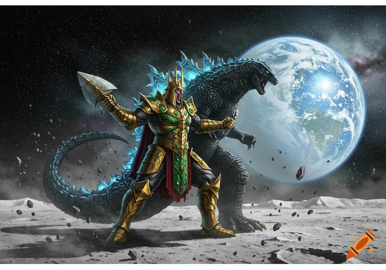 Gold-armored warrior with a spear and Godzilla stand on the moon, with Earth visible in the starry background. Digital art.