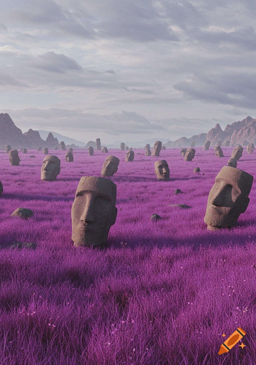 A surreal landscape with a field of vibrant purple grass and numerous large stone Moai heads under a cloudy sky, with mountains in the background.