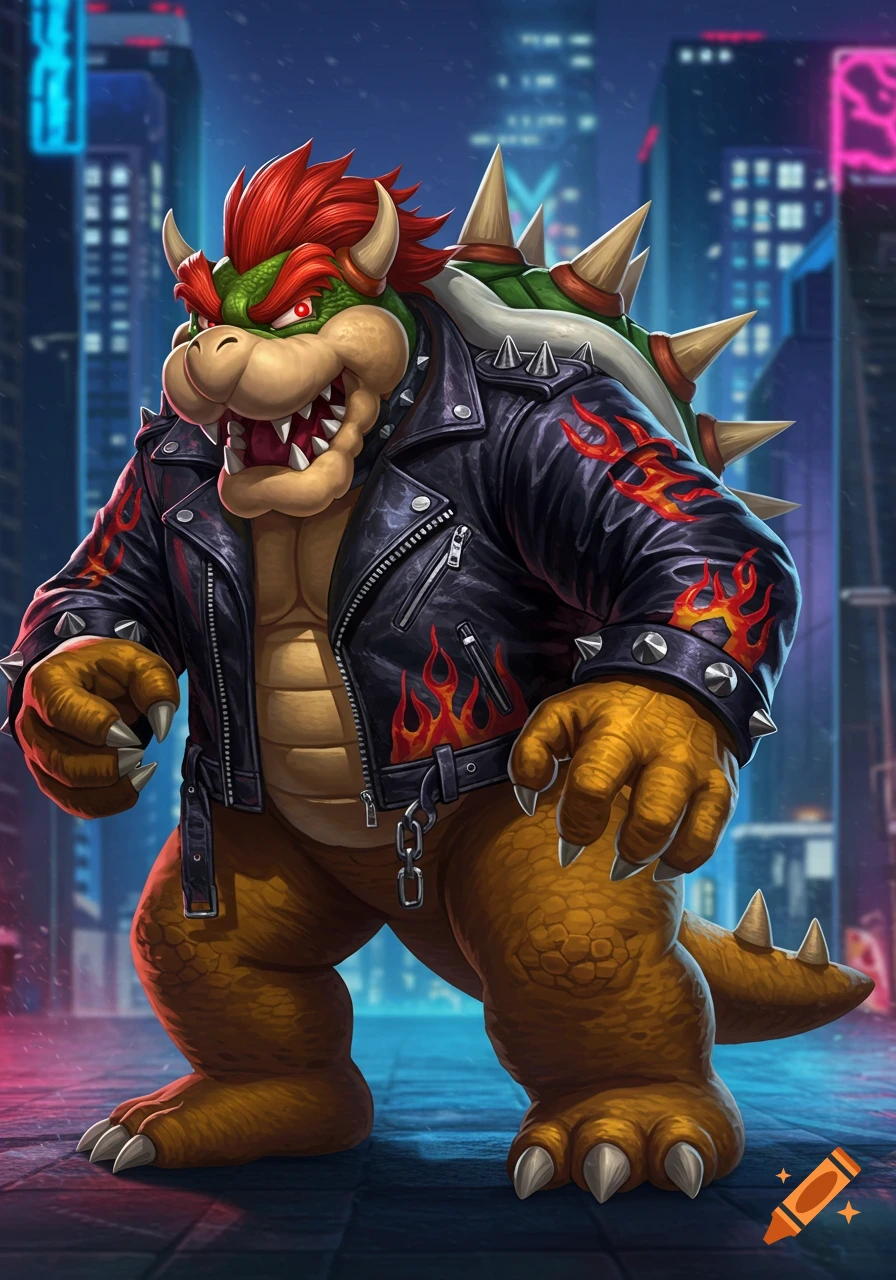 Bowser in a black leather biker jacket with flame decals and spikes stands in a neon-lit city at night.