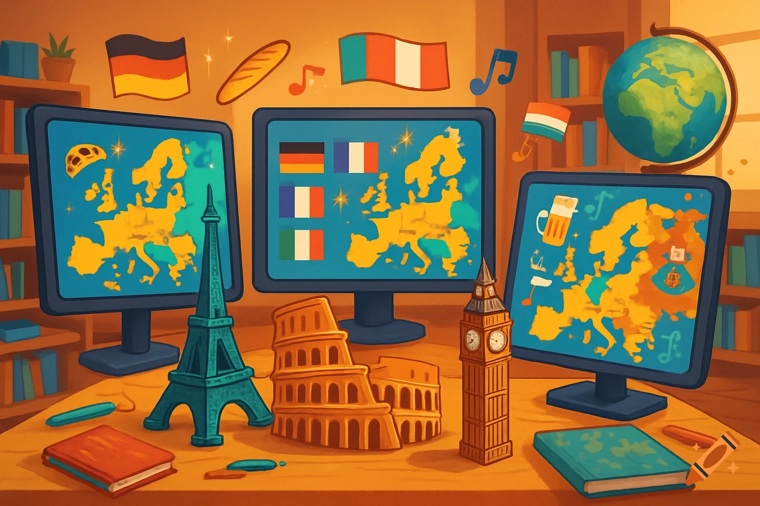 Stylized illustration of a learning workshop about Europe with three monitors displaying maps and flags, surrounded by miniature landmarks like the Eiffel Tower, Colosseum, and Big Ben.
