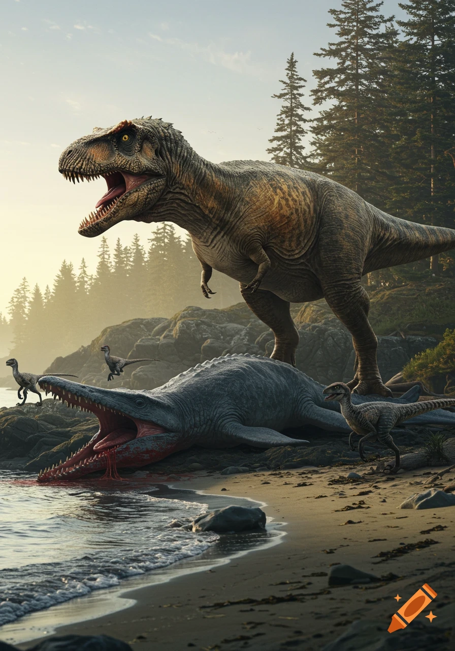 Photorealistic T-Rex over a dead Mosasaurus on a British Columbia beach with Velociraptors and forest, morning.