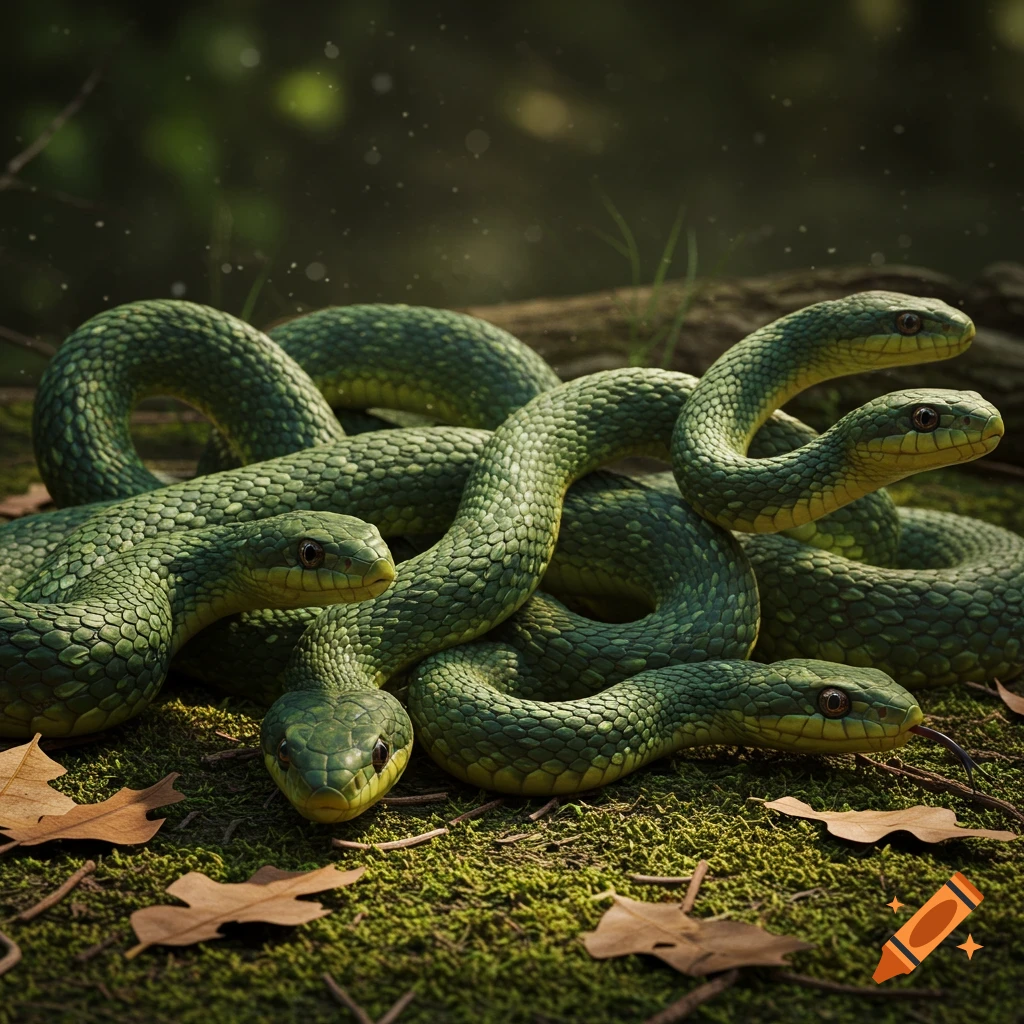 Photorealistic image of multiple green snakes intertwined on a mossy forest floor with scattered brown leaves.