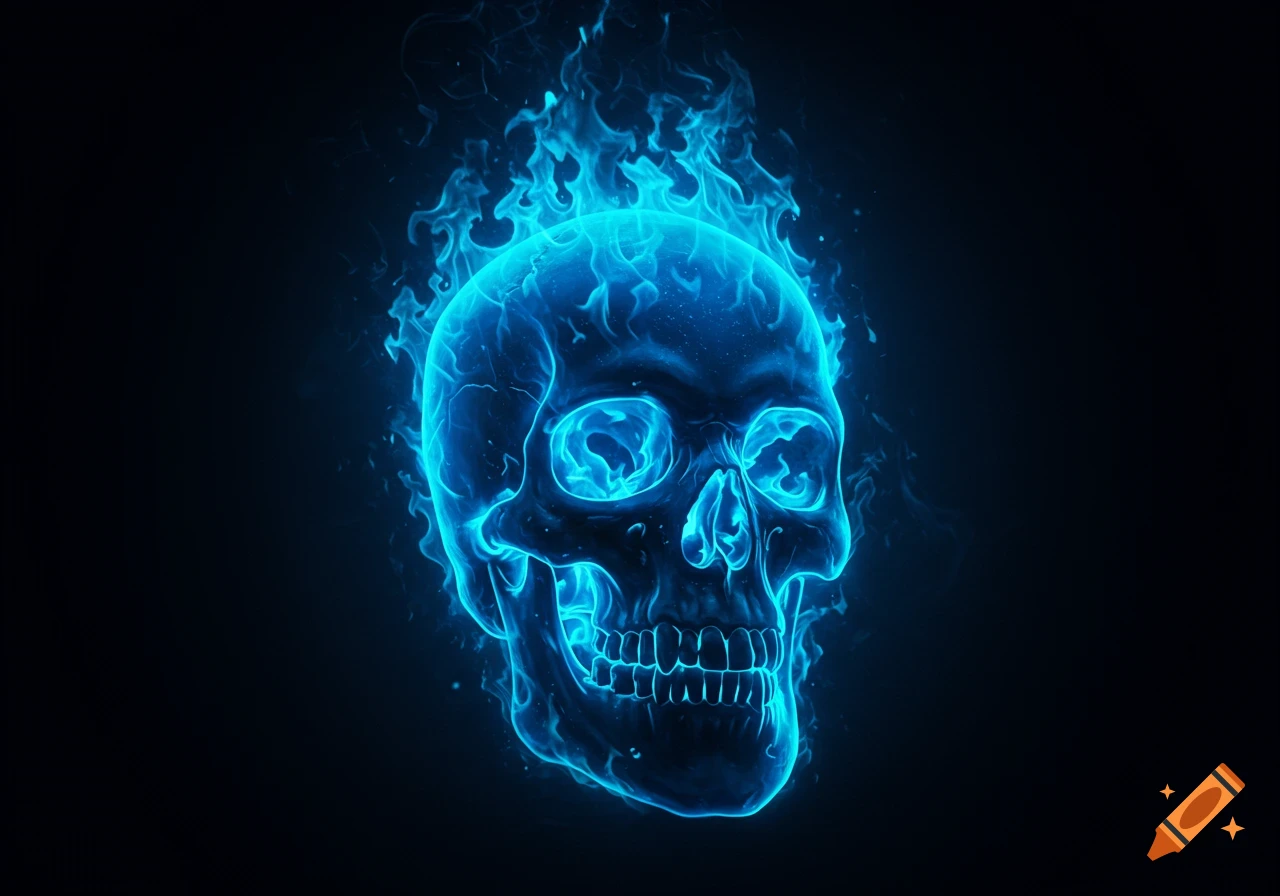 A glowing blue skull engulfed in blue flames on a dark background.