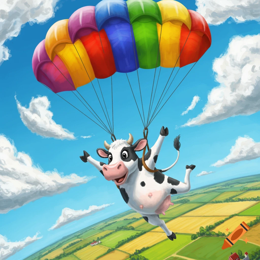 A cartoon cow joyfully skydives with a colorful rainbow parachute over green and yellow fields under a blue sky.