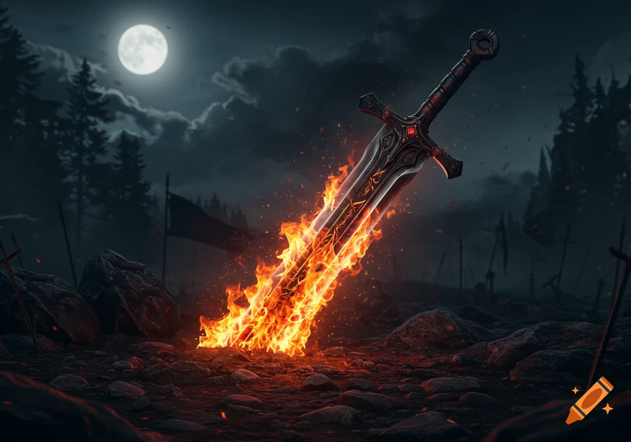 A flaming two-handed sword plunged into dark ground under a full moon in a shadowy, desolate landscape.