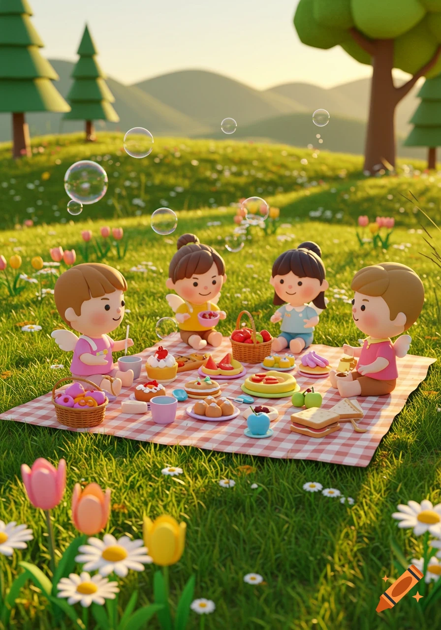 Four stylized 3D cartoon children picnic on a checkered blanket in a sunny grassy field with flowers, trees, and floating bubbles.