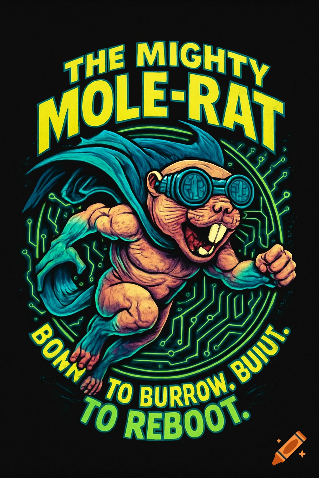 A cartoon superhero mole-rat wearing goggles and a cape, running against a green circuit board background, with text.