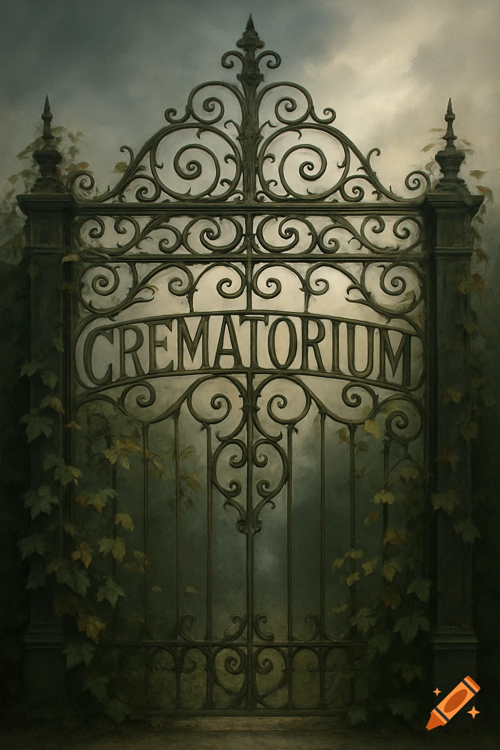 Ornate dark metal gate with 'CREMATORIUM' integrated, surrounded by ivy under a cloudy sky in a gothic style.