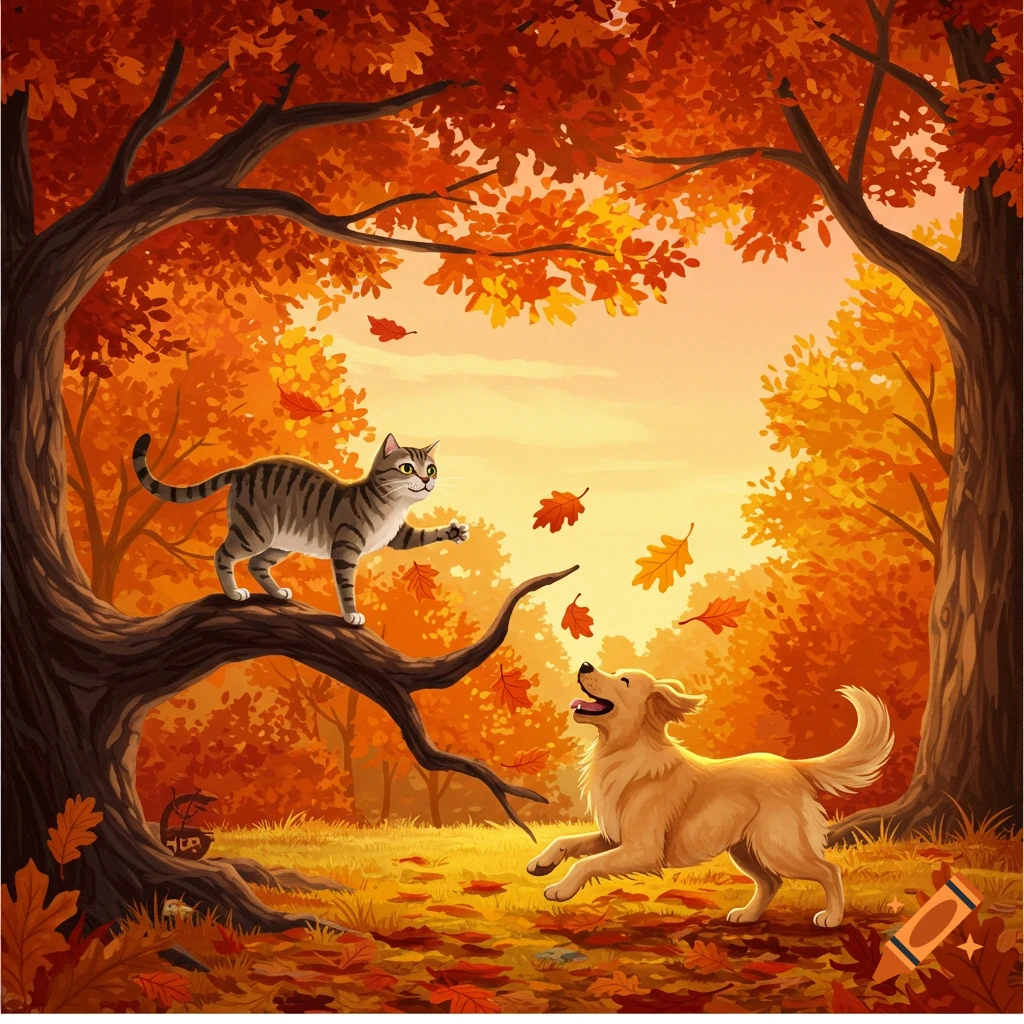 Illustration of a tabby cat on a tree branch and a golden retriever playing among orange autumn leaves in a forest.