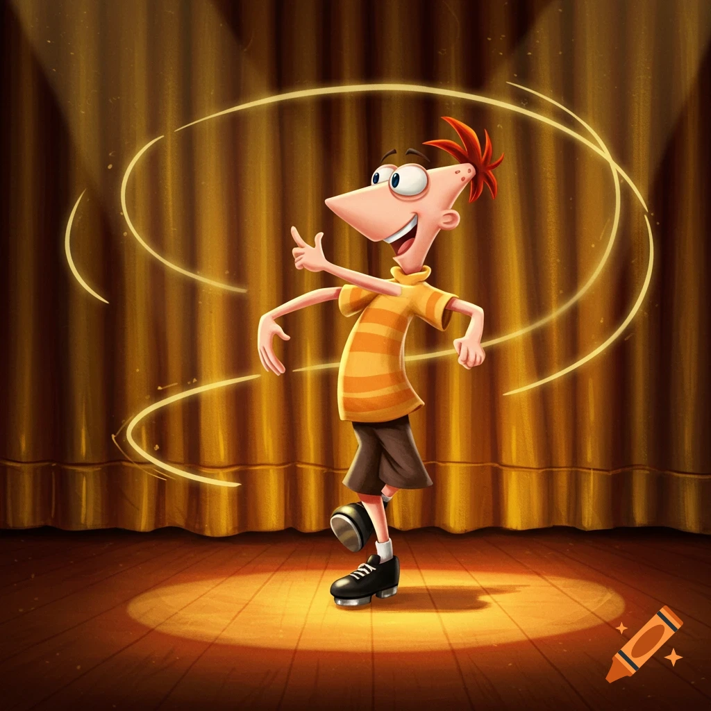 Cartoon character Phineas Flynn tap dances on a spotlighted stage with golden curtains behind him.