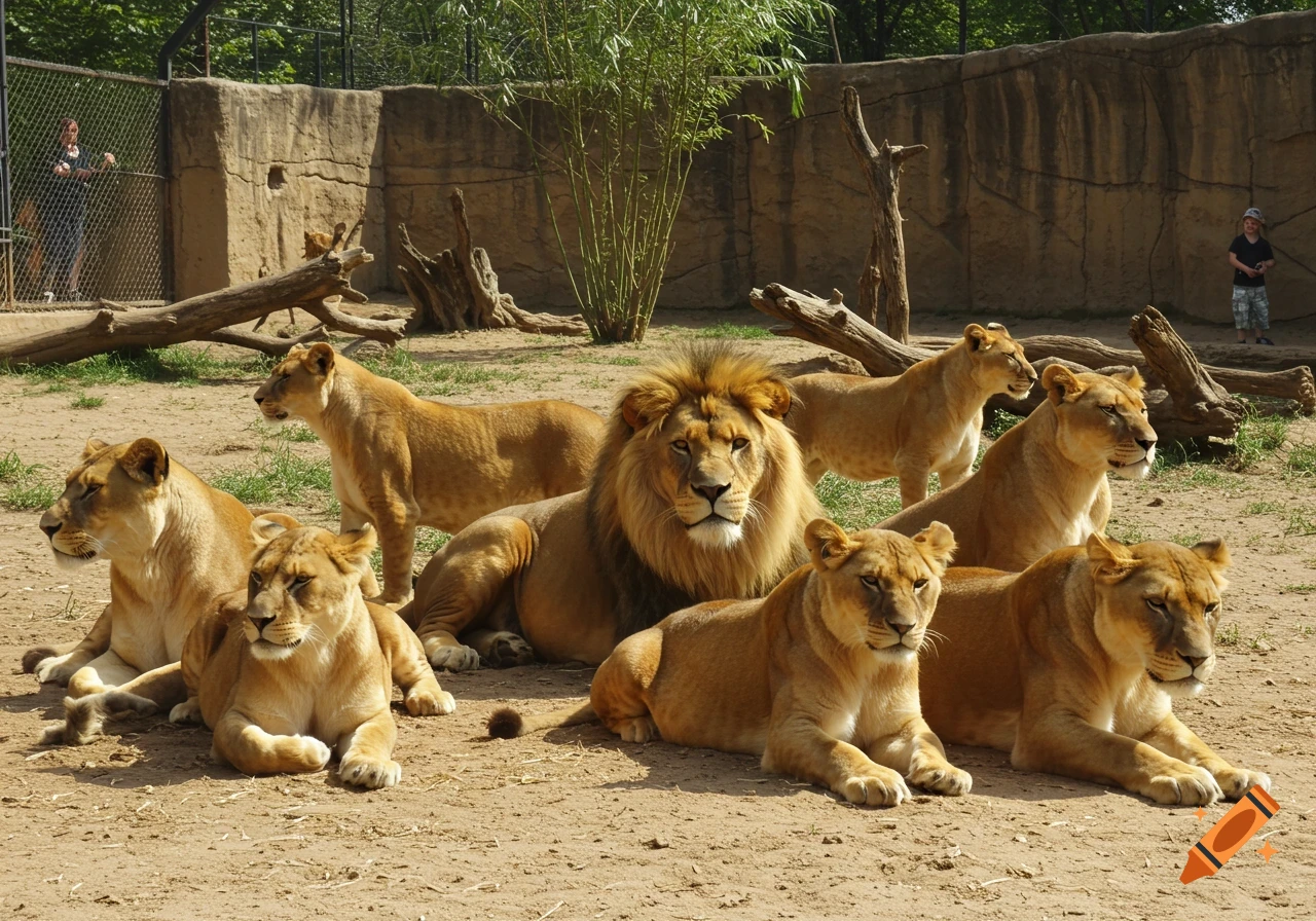 A pride of lions, including one male and several females, resting in a sandy zoo enclosure during midday.