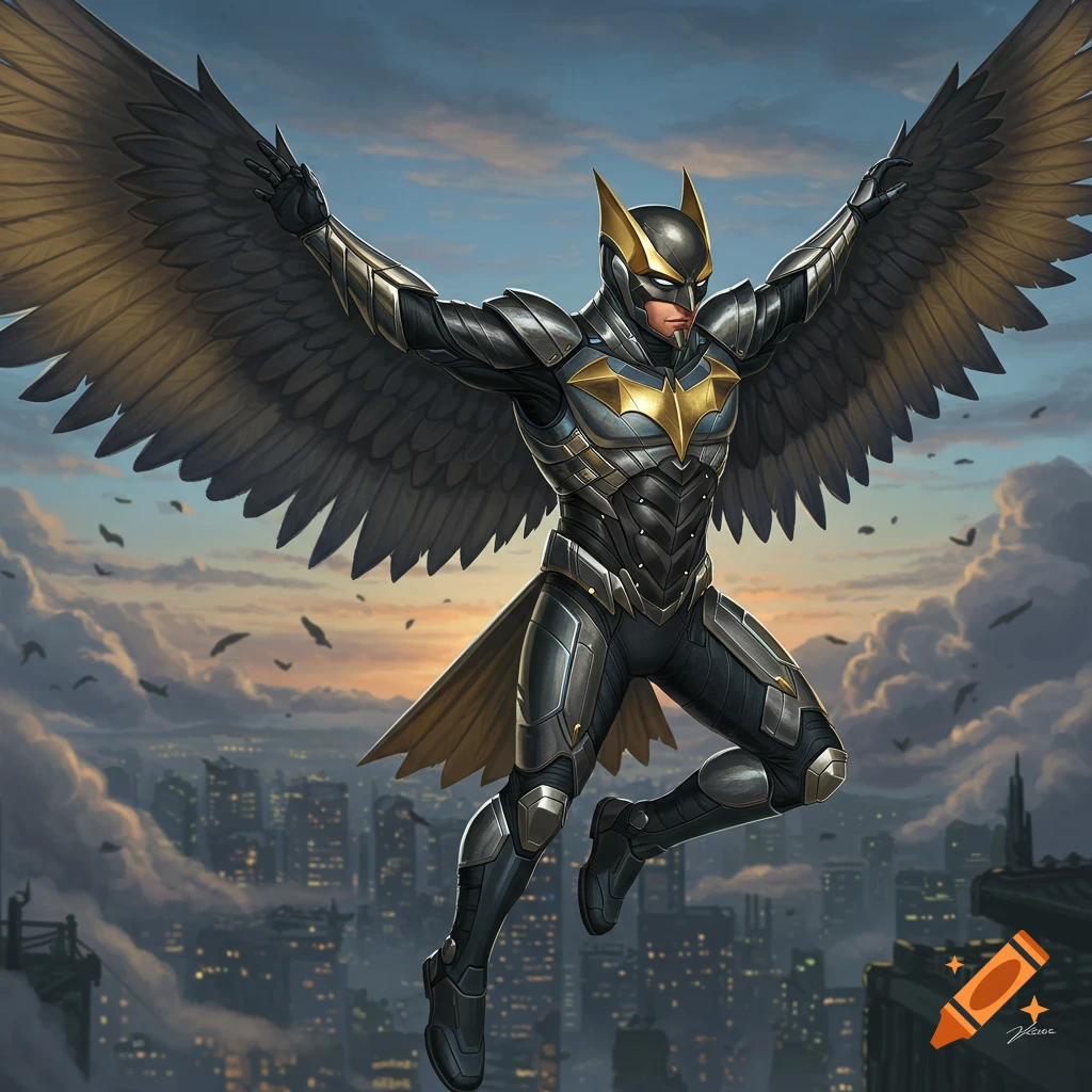 A superhero in black and gold bird-themed armor with large feathered wings flies over a city at dusk, in a comic book art style.