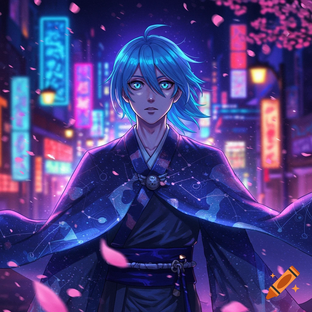 A blue-haired anime character in a celestial kimono stands in a neon-lit futuristic city with falling cherry blossoms.