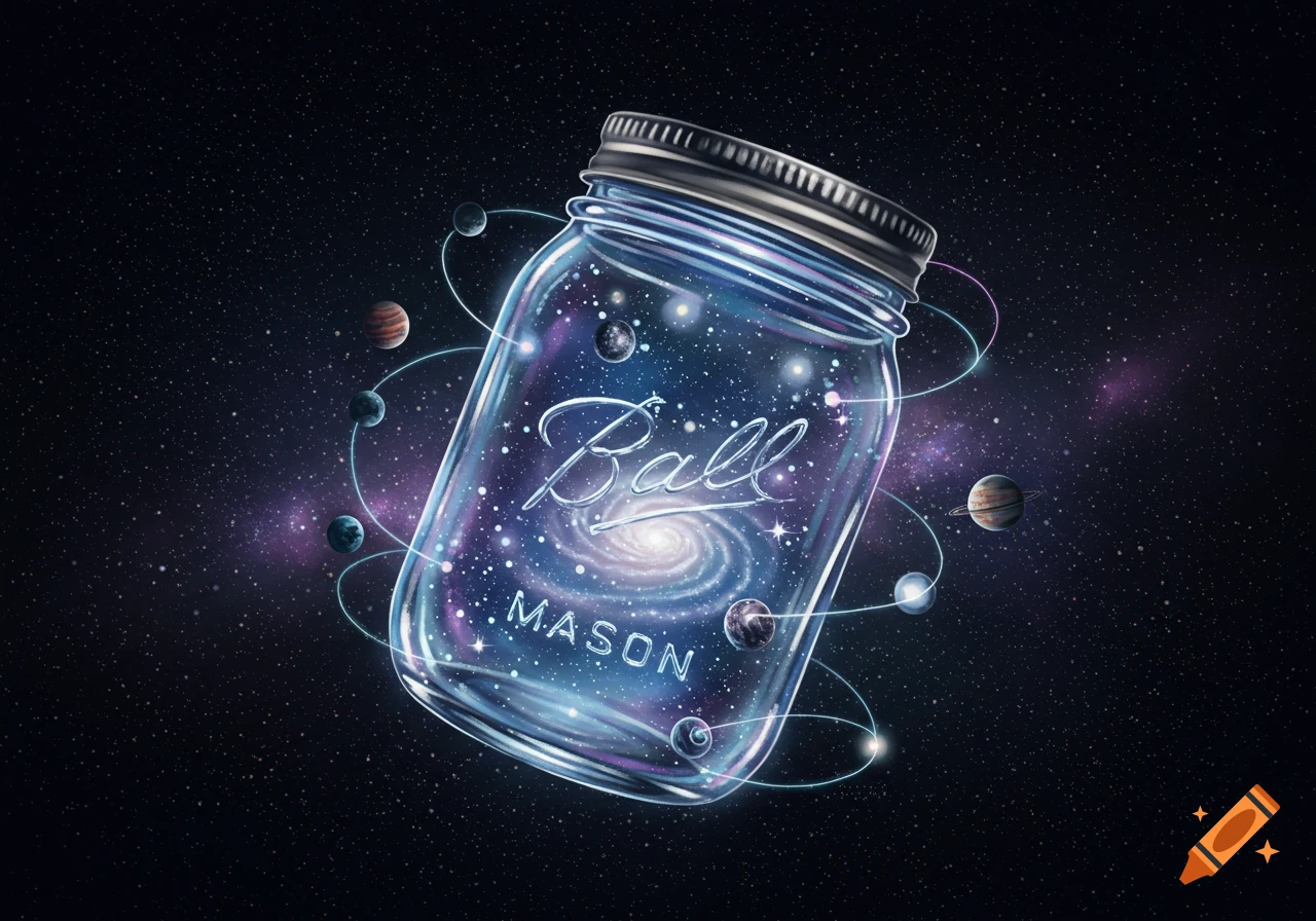 A vibrant digital illustration of a glass Ball Mason jar holding a swirling galaxy, surrounded by orbiting planets in deep space.