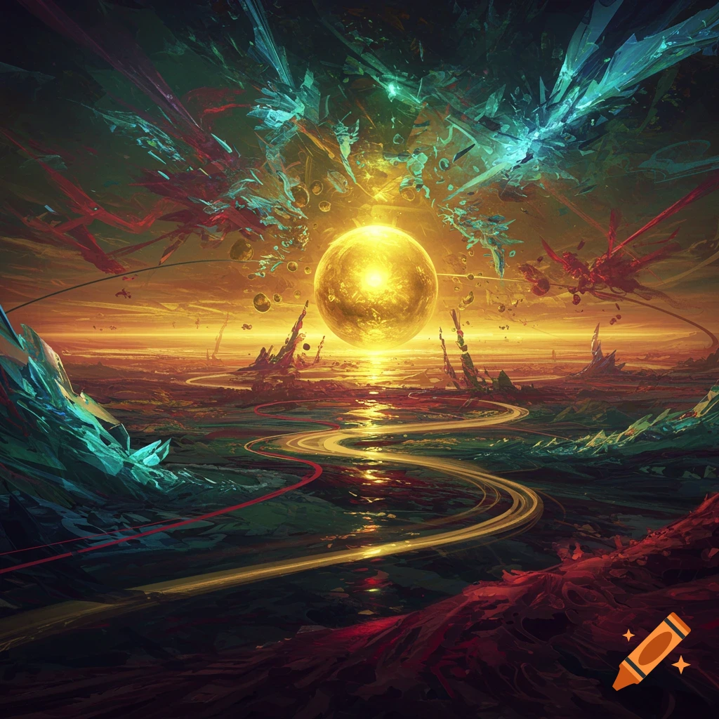 Vibrant, abstract sci-fi landscape with a golden sun, reflective river, and colorful crystalline formations.