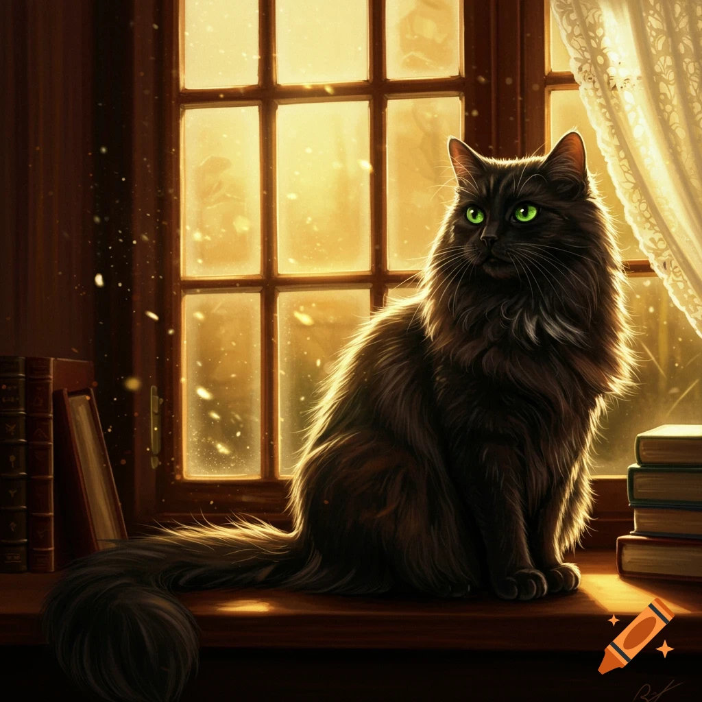 A fluffy black cat with striking green eyes sits on a wooden windowsill, bathed in warm golden light from a window.