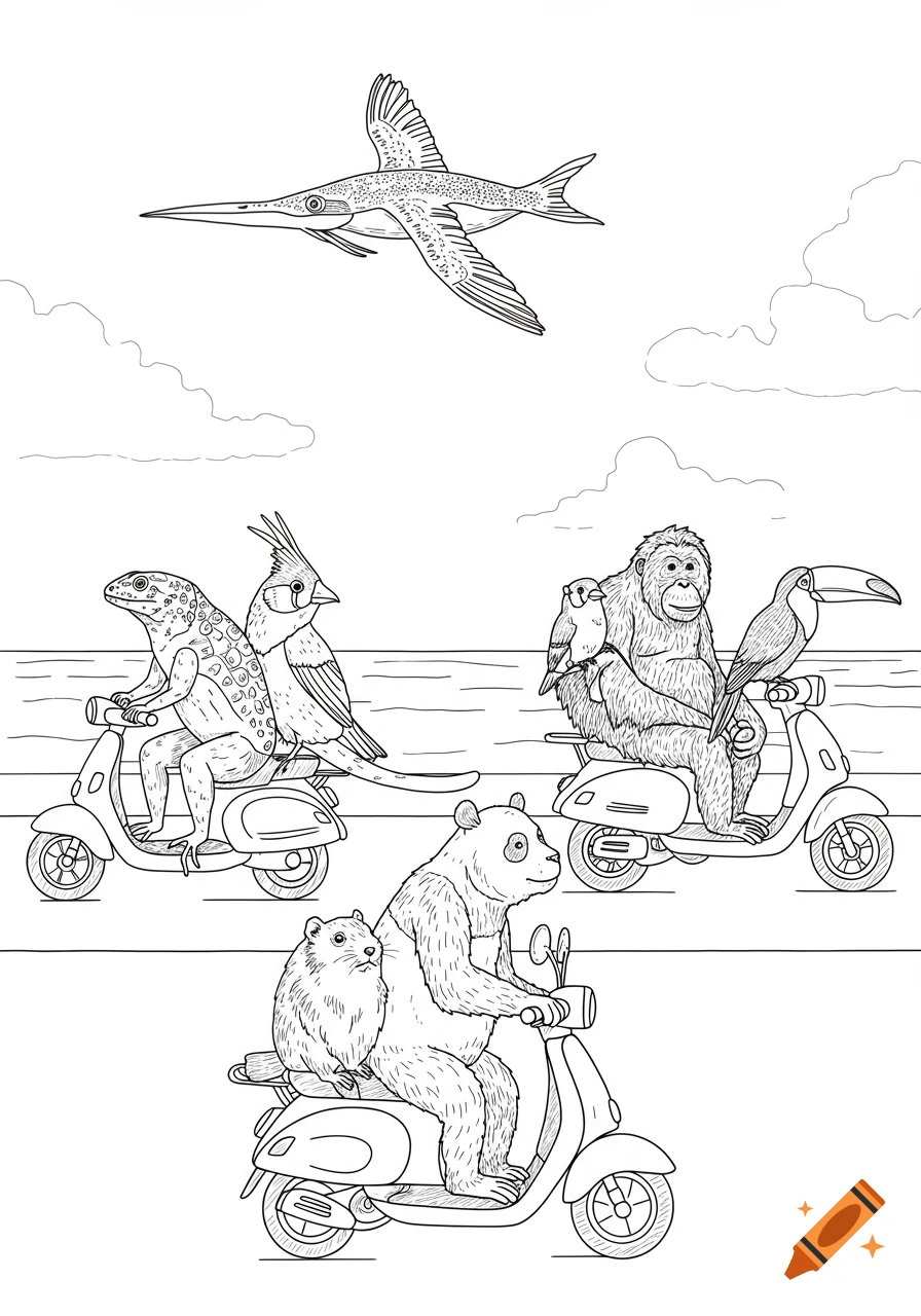 Line drawing of animals on scooters: a lizard and crested bird, an orangutan and toucan, a panda and marmot. A bird flies above.