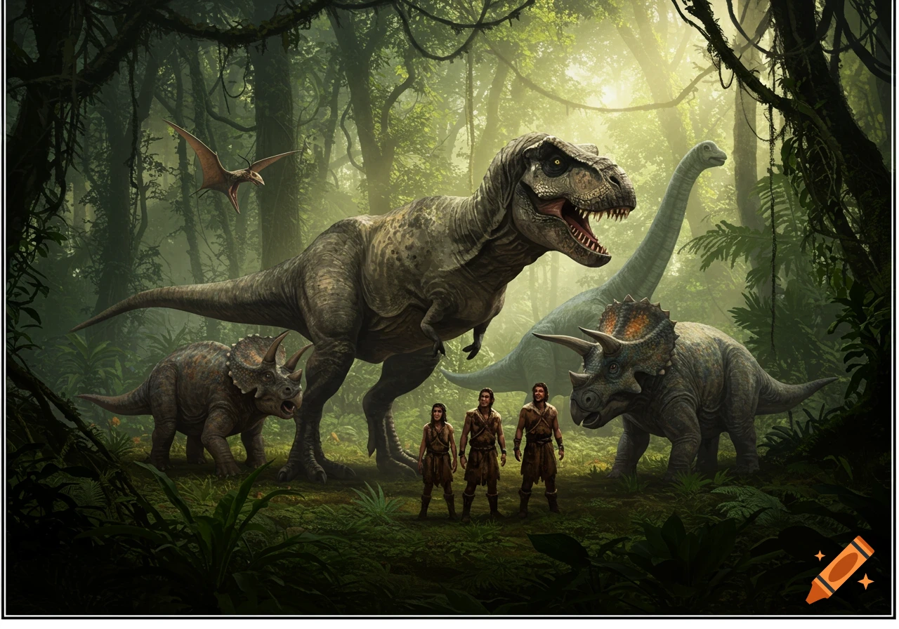 Prehistoric humans stand among a T-Rex, Triceratops, and other dinosaurs in a lush, sunlit jungle.
