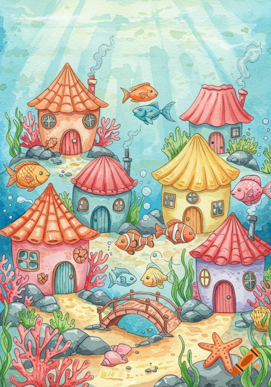 Watercolor illustration of a whimsical underwater village with colorful houses, fish, and coral reefs.