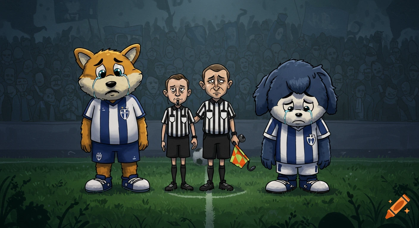 Two sad animal mascots and two upset referees stand on a football field with a gloomy crowd in the background, illustrated in a cartoon style.