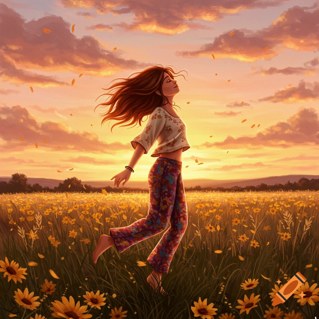 Illustrated woman with flowing hair running through a field of yellow flowers at sunset, with warm sky colors.