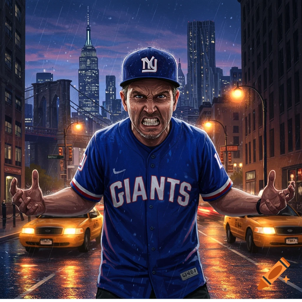 An angry man in a blue baseball jersey with "GIANTS" and an "NY" cap stands in a rainy New York City street with taxis, skyscrapers, and a bridge in the background. The image has a comic book art style.