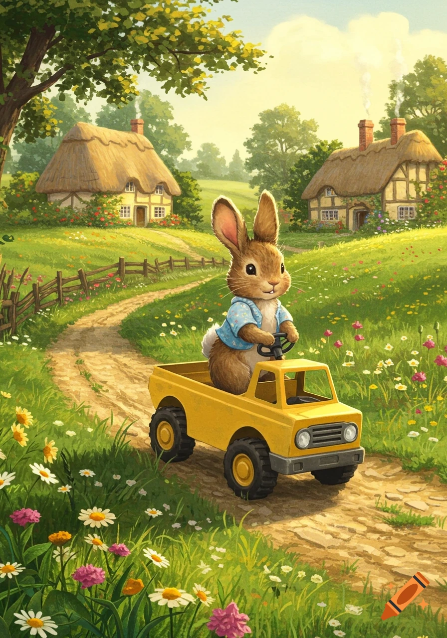 A charming illustration of a brown rabbit in a blue shirt driving a yellow toy truck on a dirt path through a blooming countryside with cottages.