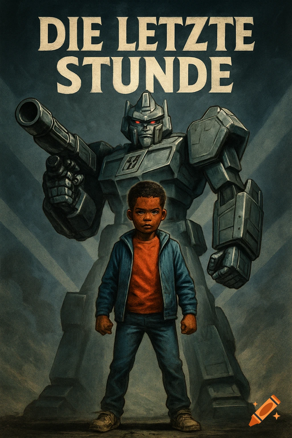 Retro poster of a young boy in front of a Megatron-like robot holding a gun. Title: DIE LETZTE STUNDE.