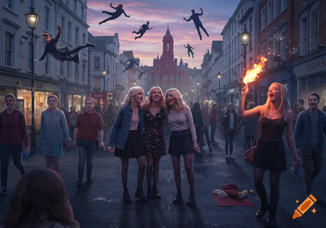A bustling city street at dusk with people with superpowers. Some fly in the sky, while a woman breathes fire. Three smiling women pose in the foreground.