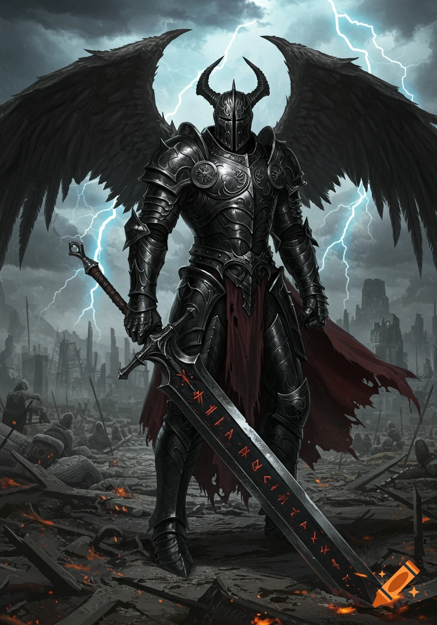 A dark knight in black horned and winged armor holds a runic sword amidst a ruined, storm-swept battlefield with lightning. Dark fantasy.