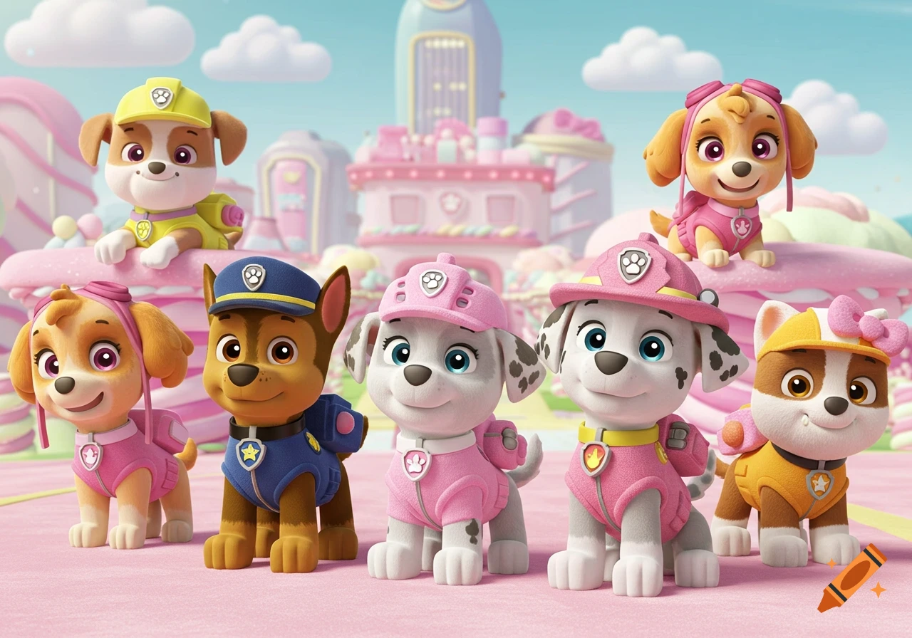 Six cute Paw Patrol puppies in pastel outfits pose in a pink candy-themed land, rendered in a Hello Kitty art style.