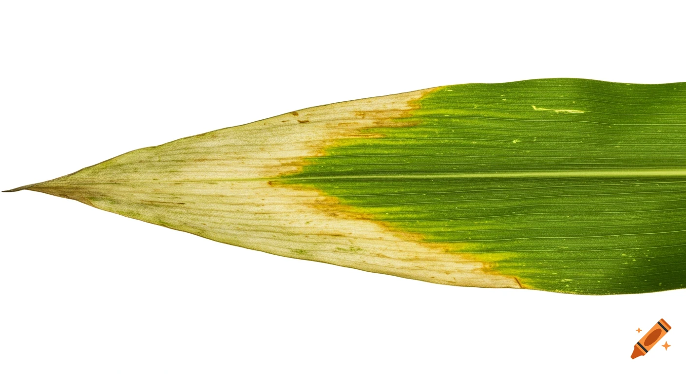 Close-up of a maize leaf showing a pale yellow, nitrogen deficient tip transitioning to a healthy green base on a white background.
