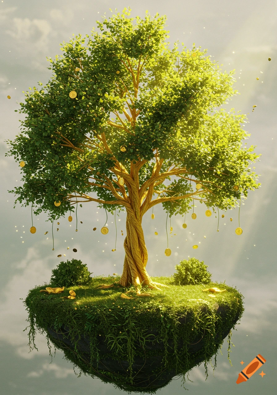A majestic golden tree with green leaves grows on a lush floating island, with gold coins hanging from its branches and sparkling around it.