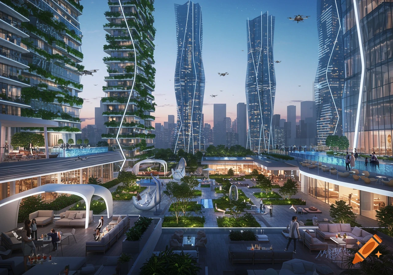 A vibrant, futuristic urban landscape featuring tall, modern skyscrapers, lush rooftop gardens, infinity pools, and outdoor lounge areas at dusk.