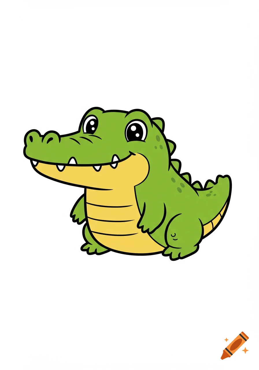 Cute green cartoon alligator with a yellow belly in a playful coloring-book style on a white background.