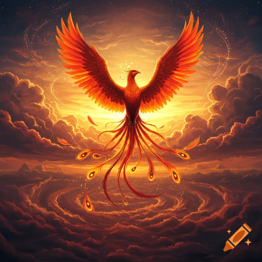 A majestic fiery phoenix with outstretched wings and an ornate tail flies against a dramatic sunset sky with swirling clouds.