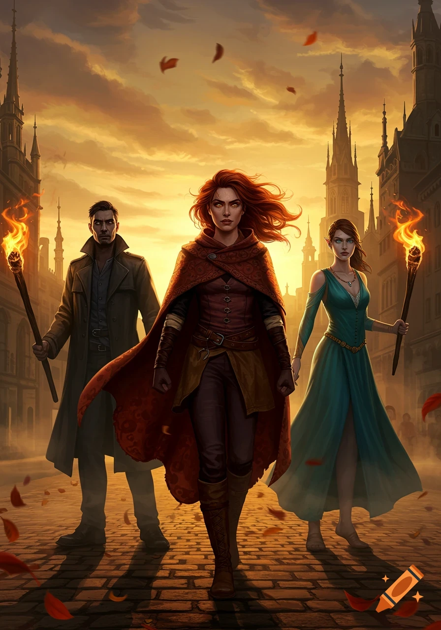 Three fantasy figures, a red-haired woman, a man, and an elf woman, walk on a cobblestone street at sunset, holding flaming torches amidst falling red leaves.