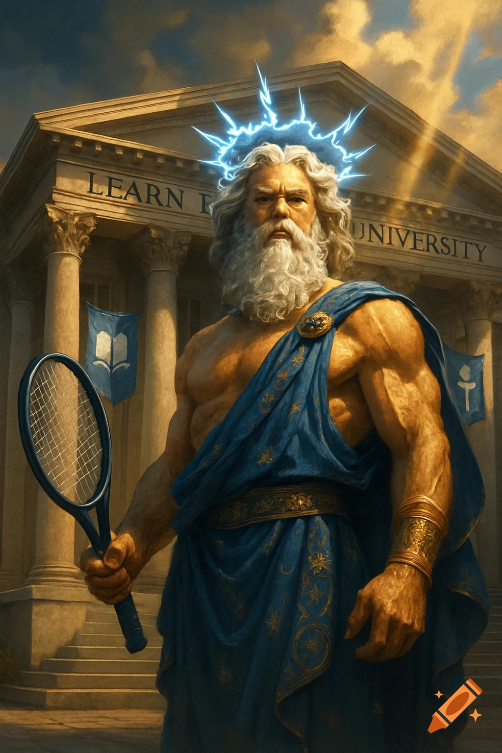 Muscular Zeus with a glowing crown and blue toga holds a tennis racket in front of a classical university building under dramatic skies.