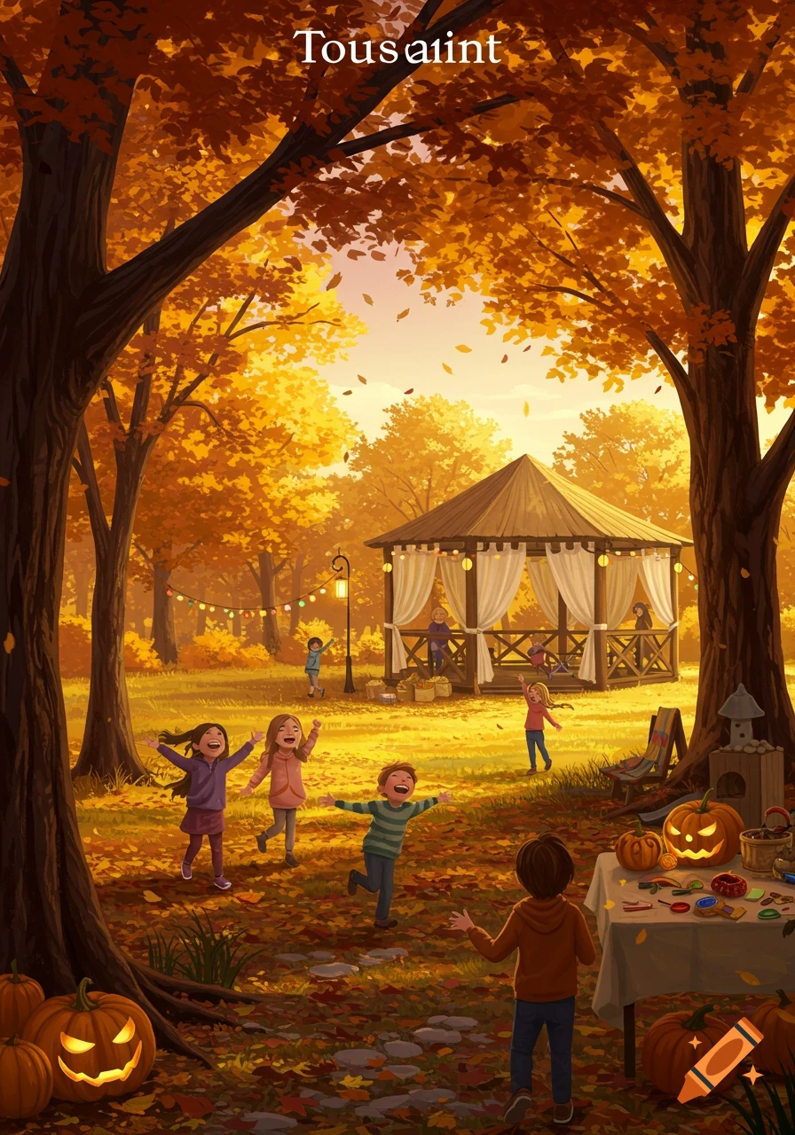 Whimsical illustration of children playing in a vibrant autumn park with falling leaves, pumpkins, and a gazebo.