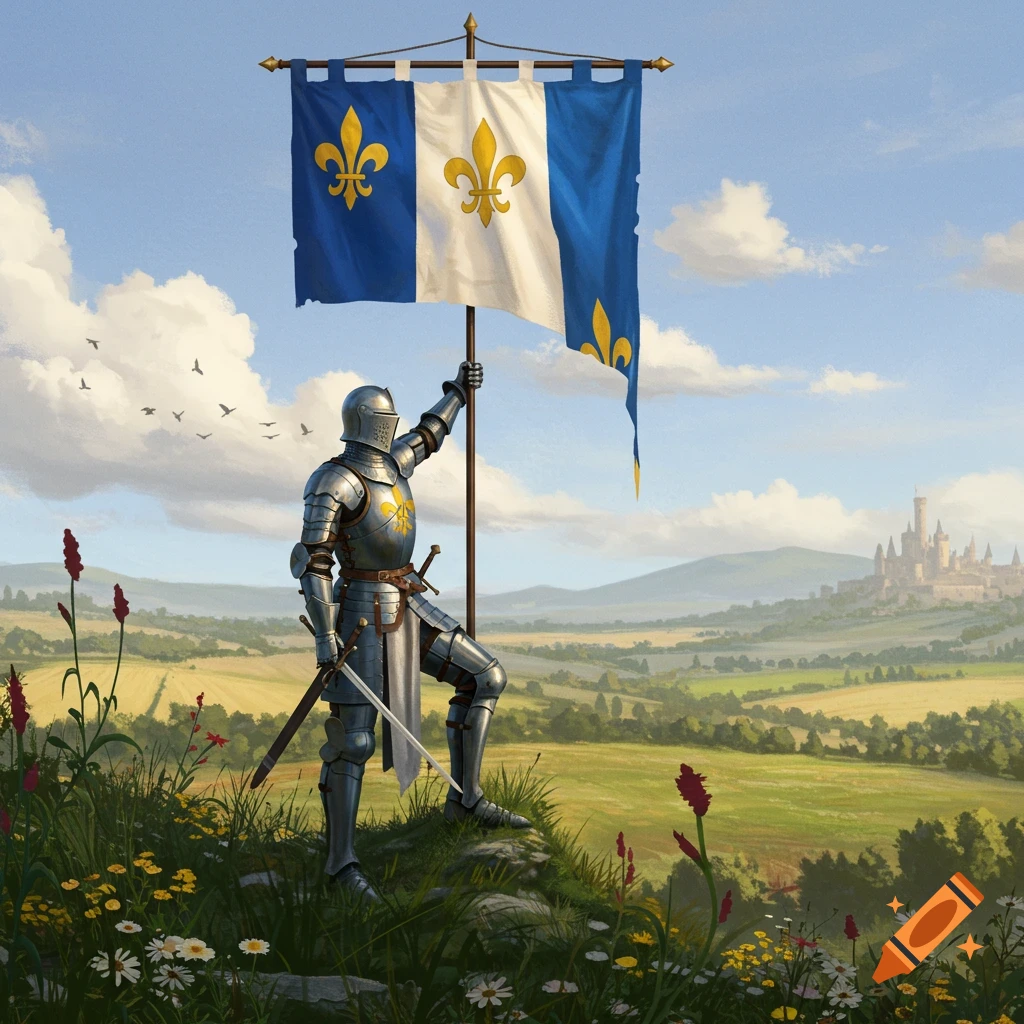 A knight in shining armor holds a French banner on a grassy hill with a distant castle and valley under a blue sky. Painting.