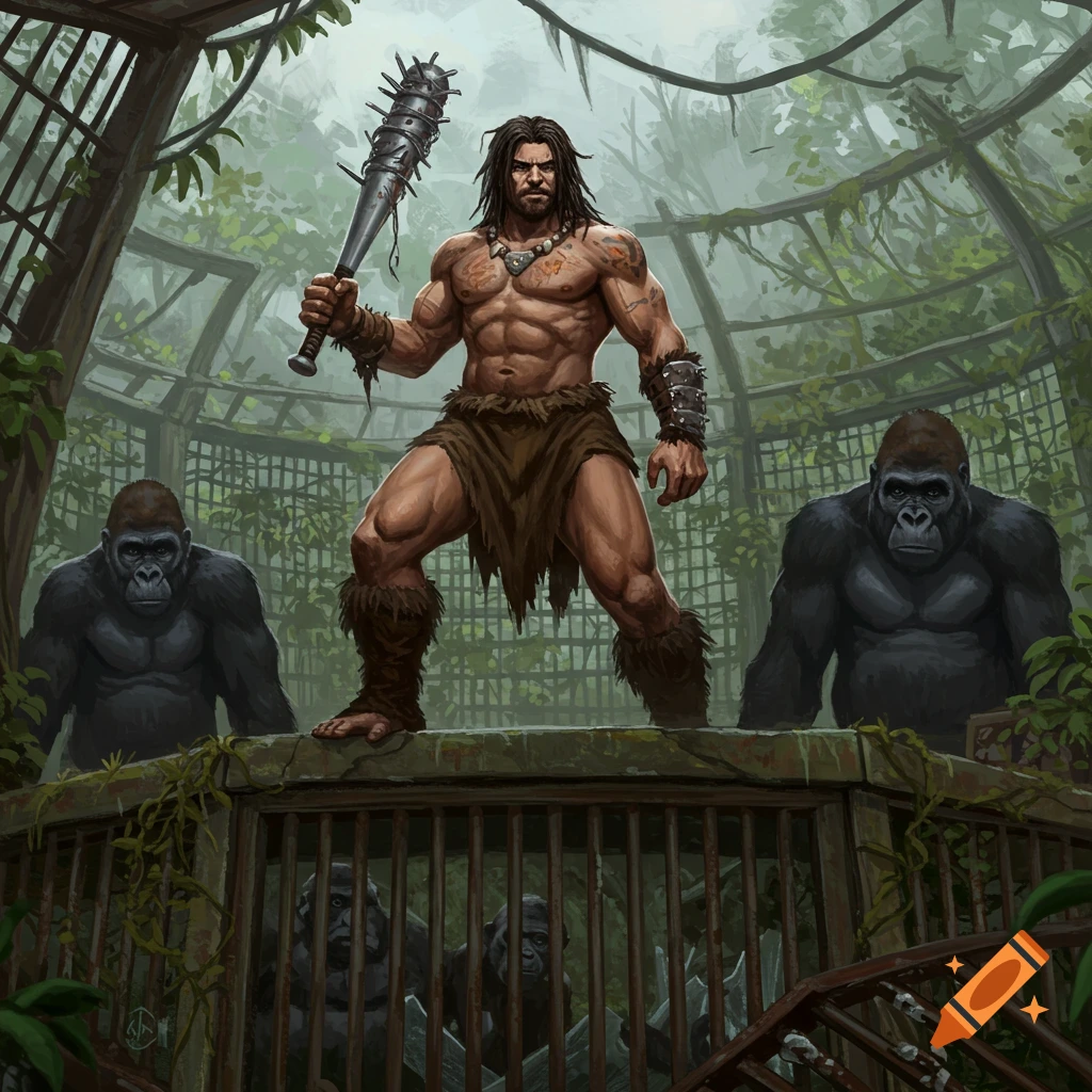 A muscular man holding a spiked bat stands atop a ruined primate house, flanked by gorillas, in a fantasy art style.